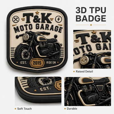 Etichette per abbigliamento in PVC stile moto personalizzate con logo in rilievo 3D per giacche, streetwear, abbigliamento da lavoro, cappelli, borse e identificazione del marchio da garage
