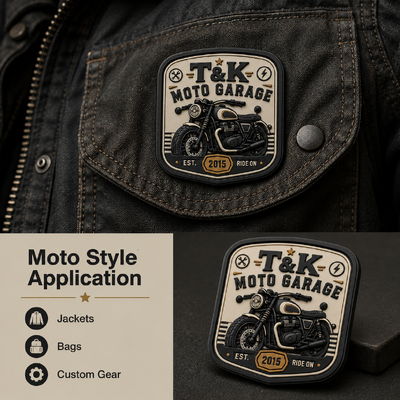 Etichette per abbigliamento in PVC stile moto personalizzate con logo in rilievo 3D per giacche, streetwear, abbigliamento da lavoro, cappelli, borse e identificazione del marchio da garage