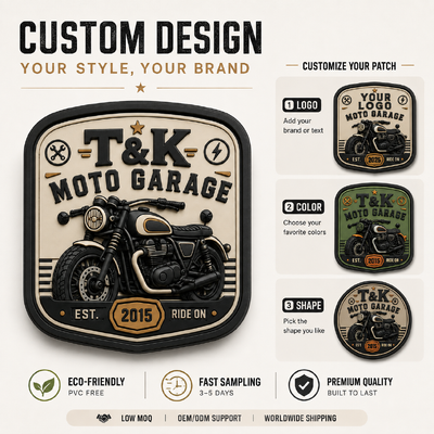 Etichette per abbigliamento in PVC stile moto personalizzate con logo in rilievo 3D per giacche, streetwear, abbigliamento da lavoro, cappelli, borse e identificazione del marchio da garage