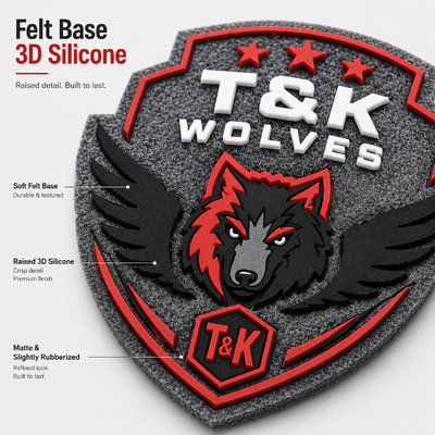 Stemma in silicone 3D con base in feltro logo a rilievo personalizzato da cucire toppa resistente per squadre su misura direttamente dalla fabbrica OEM