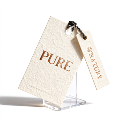 Realizzati con carta d'arte a doppio lato e cavo di cotone da 3 mm, questi tag per abbigliamento sono ideali per l'uso in borse e valigie per abbigliamento e presentano un logo del marchio stampato digitalmente.