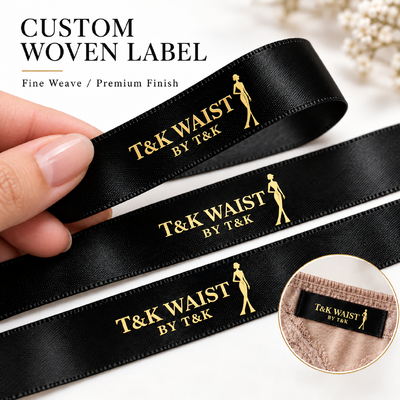Etichette di abbigliamento in tessuto personalizzato eco-friendly con disegni personalizzati e basso MOQ 100pcs per marchi di moda premium