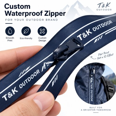 Zipper metallico impermeabile personalizzato con blocco automatico e logo stampato per giacche da esterno e abbigliamento sportivo